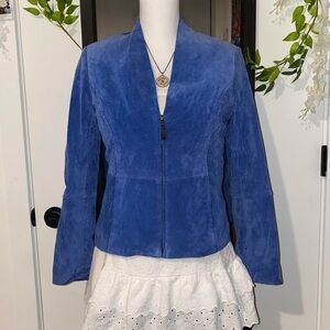 blue suede leather zip up jacket w/ floral interior